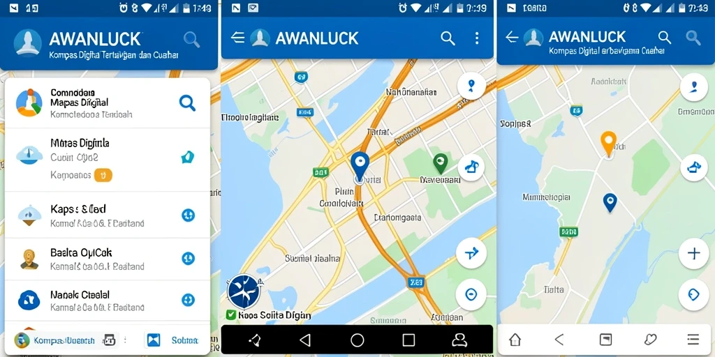 Antarmuka aplikasi AWANLUCK yang menampilkan kompas digital dan informasi cuaca.